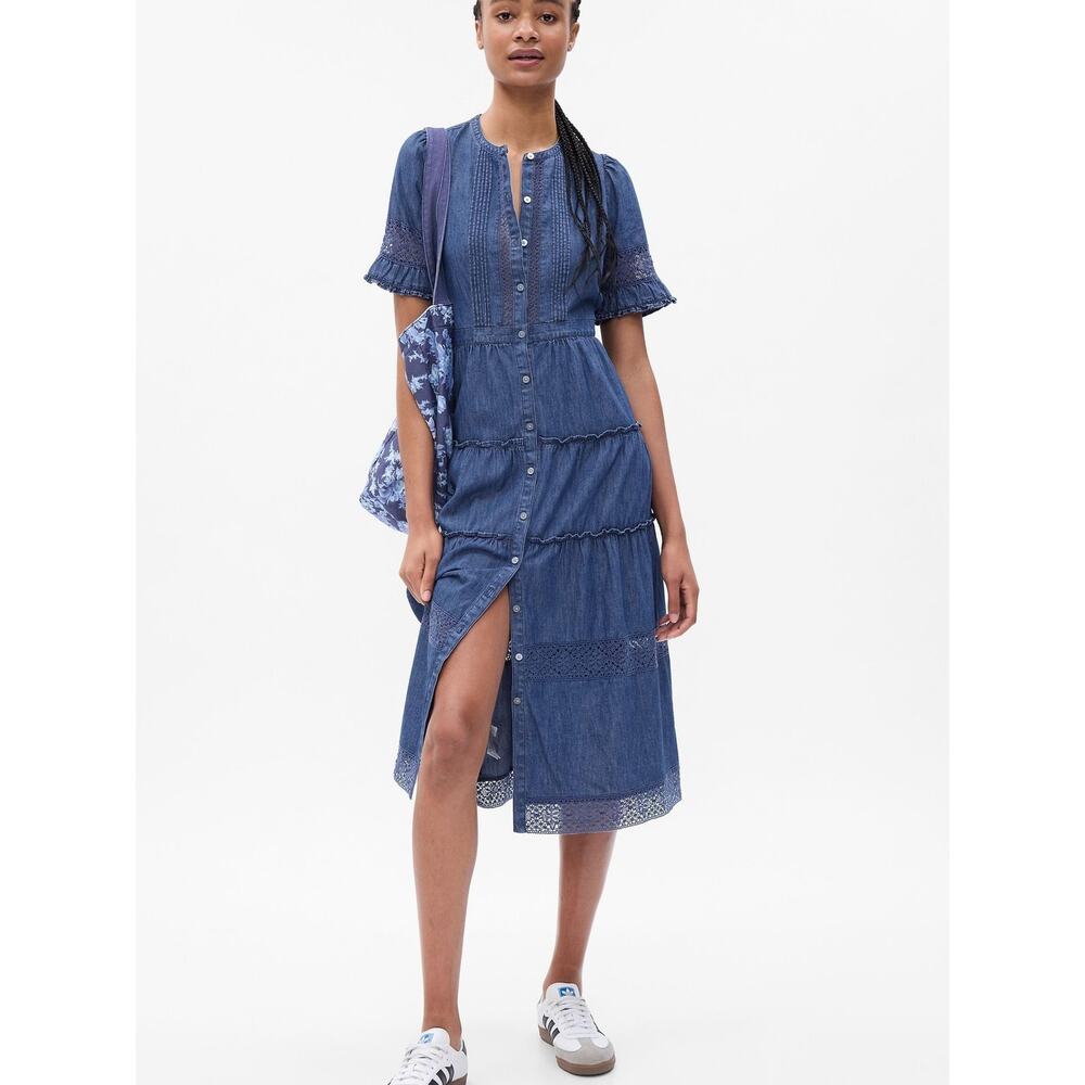 New Gap x LoveShackFancy Denim Tiered Midi Dress Blue Ruffle Button Sz M